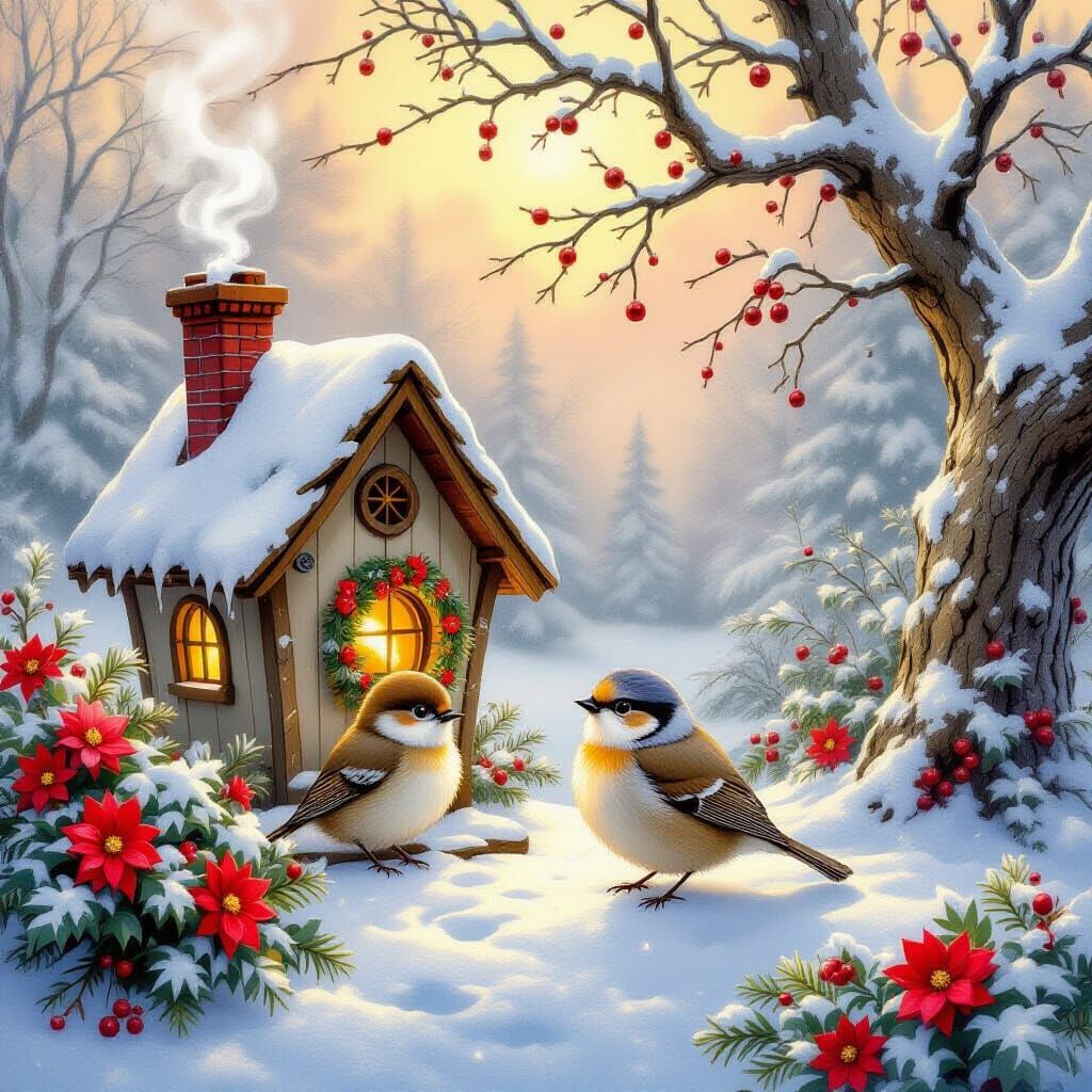Cozy Winter Birdhouse in a Thomas Kinkade Style