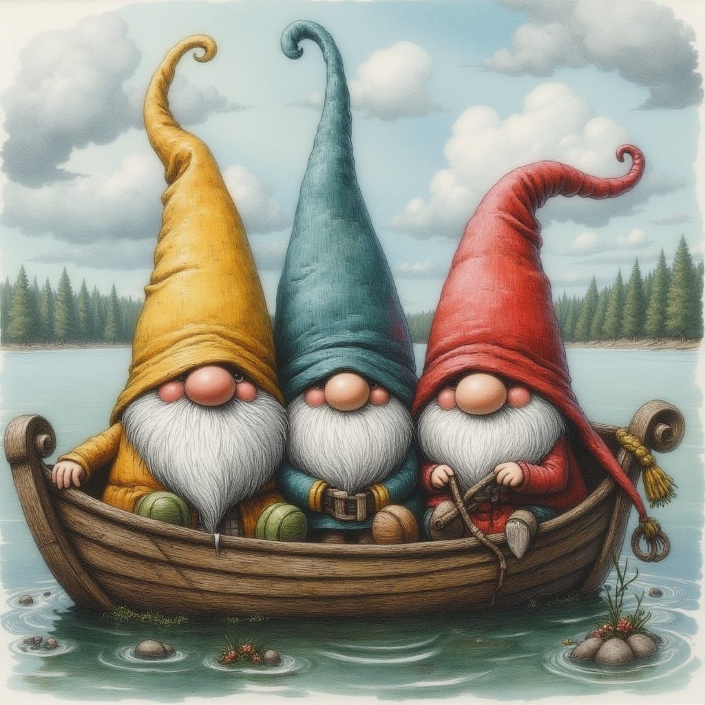 Three Gnomes in a Boat, Scandinavian Folklore Style