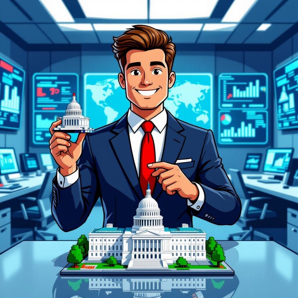 Tech Mogul with Lego Capitol, in Caricature Style