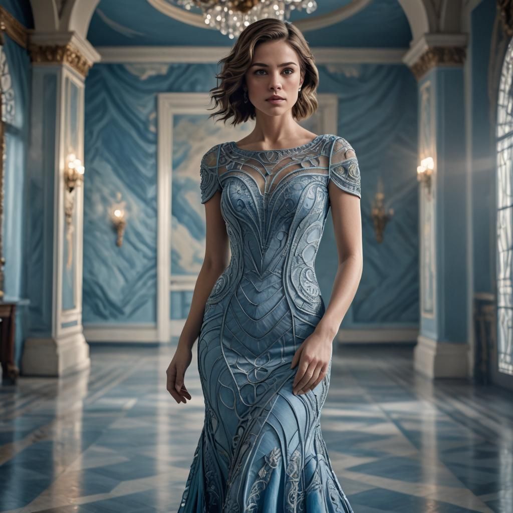 Woman in Blue Dress in Ballroom, Hyperrealistic