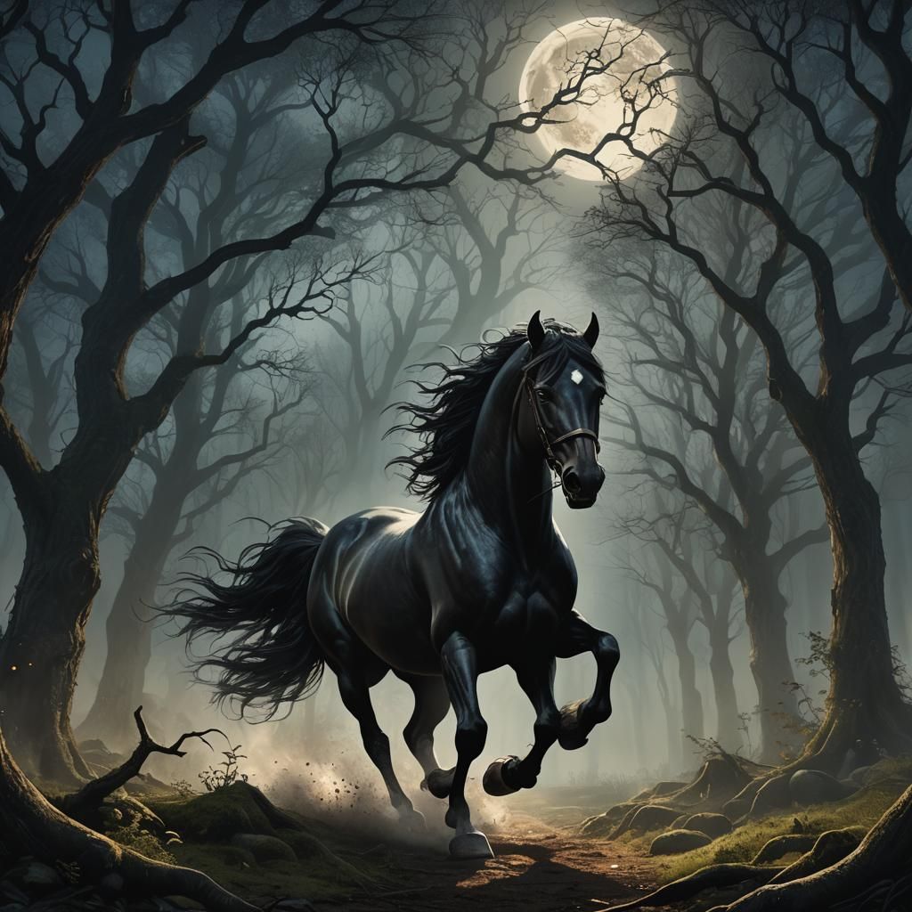 Black Horse Runs in Mystical Moonlight Forest
