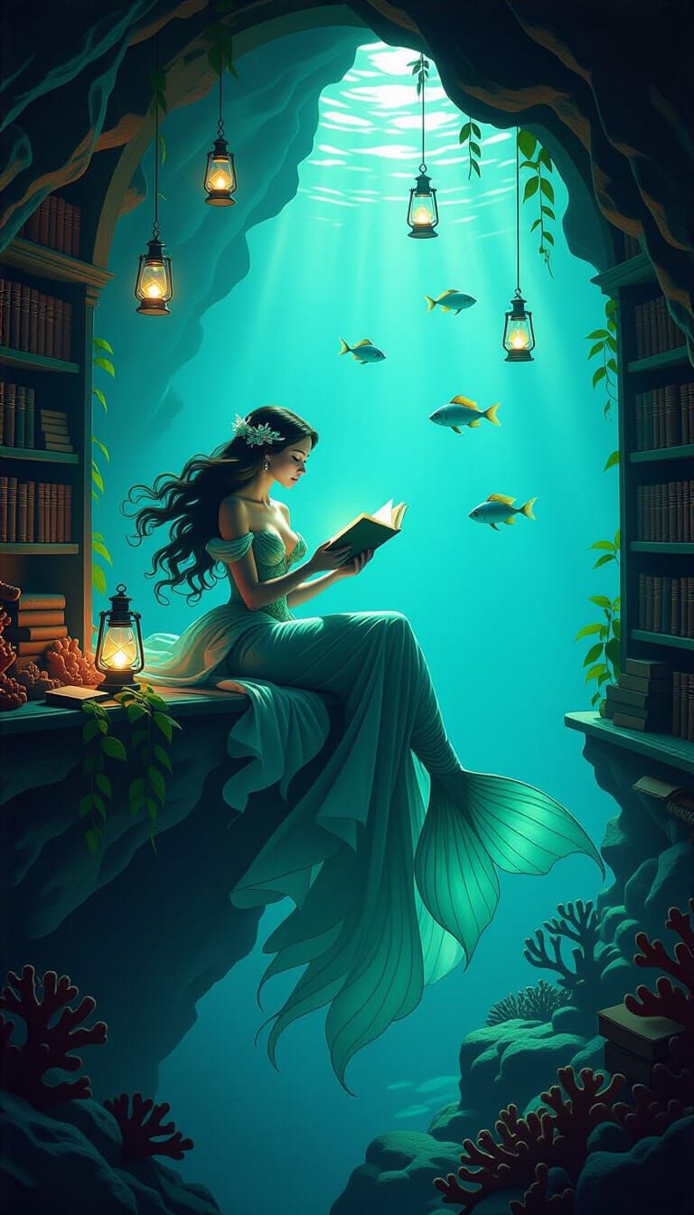 Mystical Mermaid Library with Glowing Lanterns