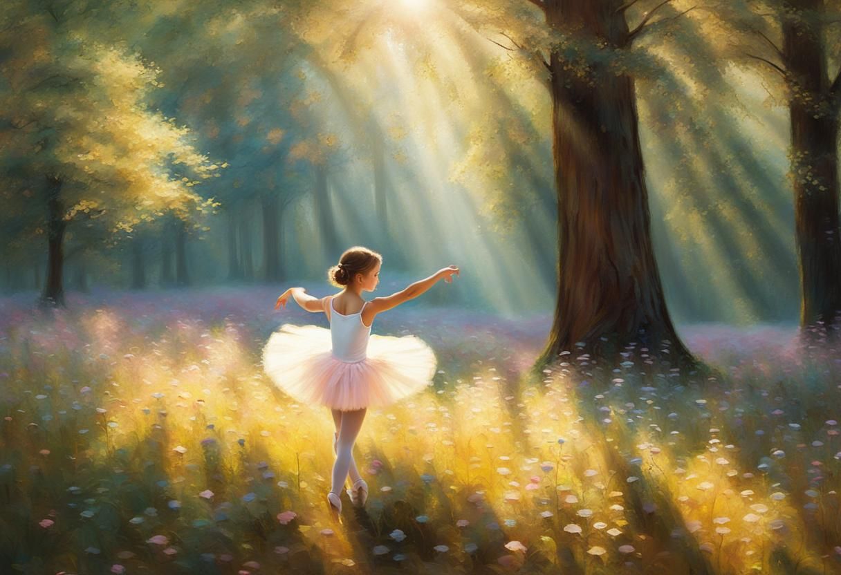 Ballerina Dancing in Sunlit Forest: Impressionist Painting