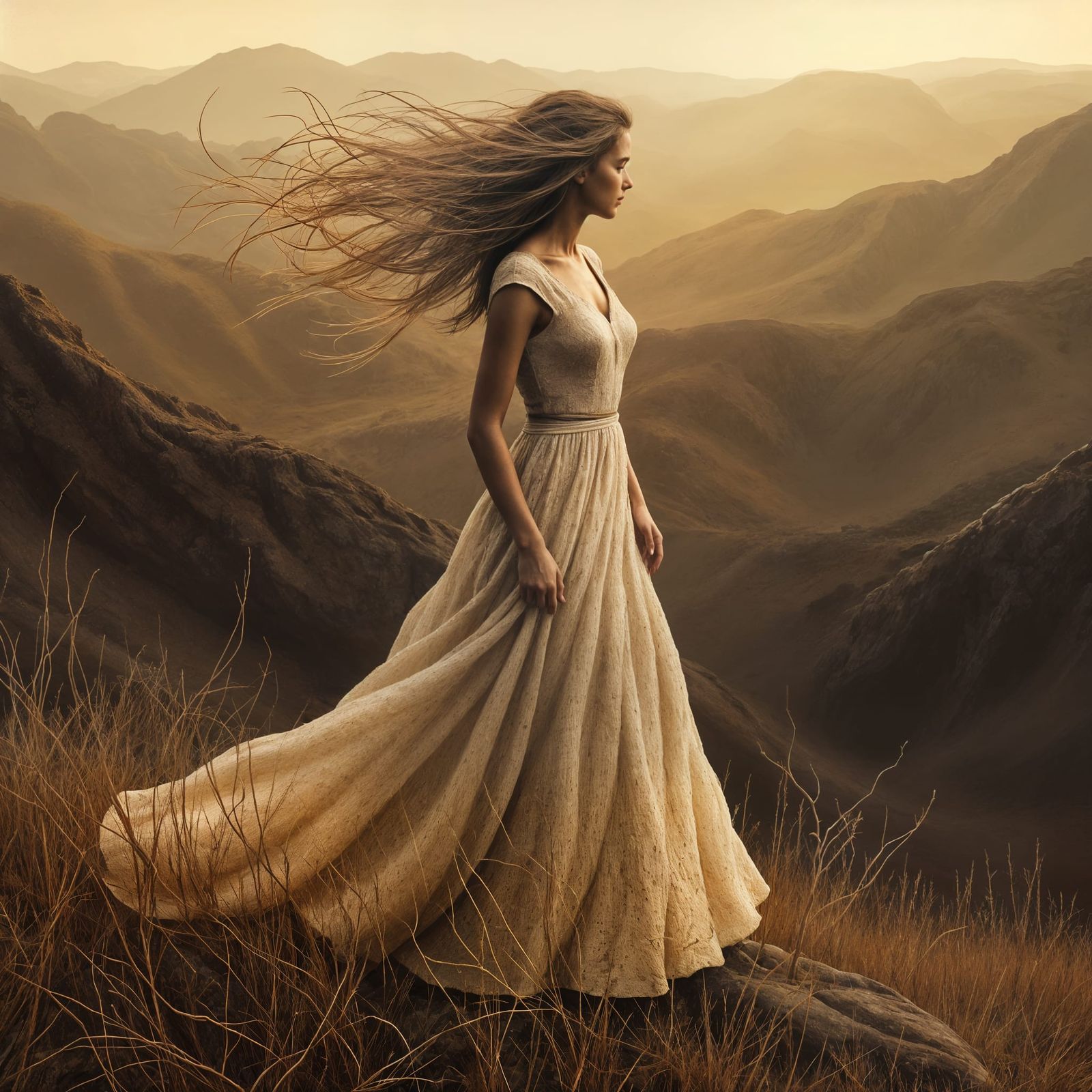 Woman on Rocky Peak in Scratch Art Style