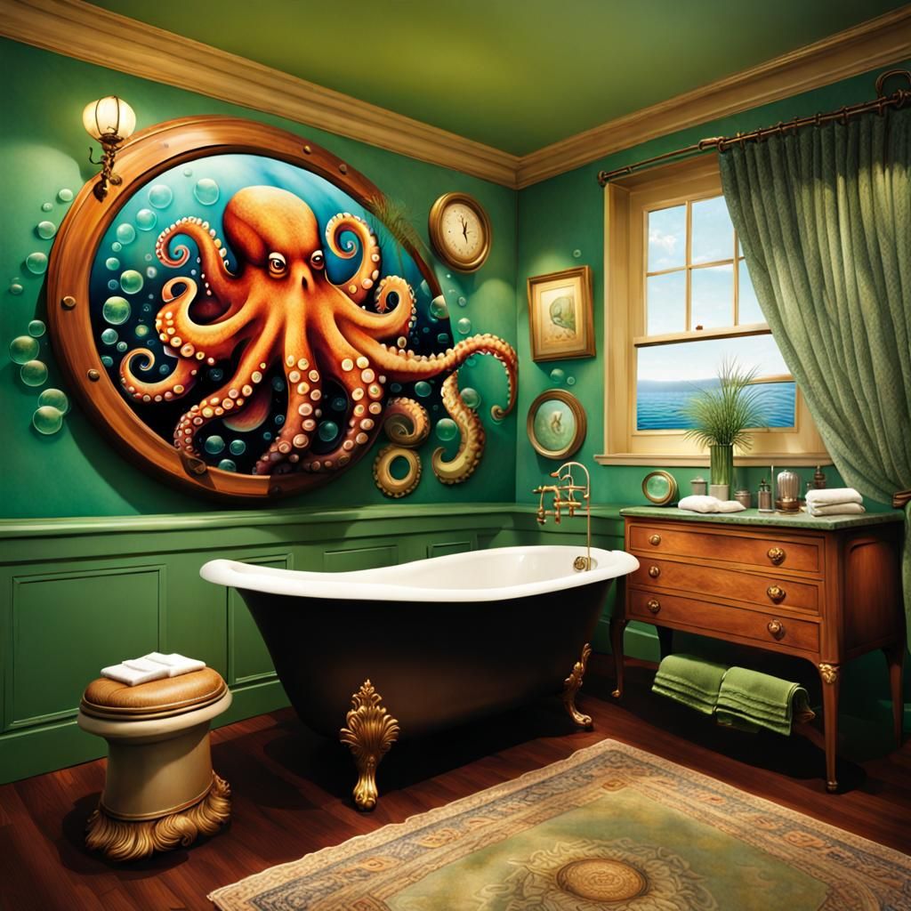 Octopus Trompe L'Oeil Bathroom in Eclectic Style