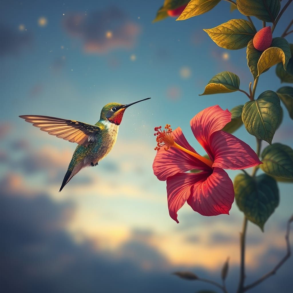 Hummingbird in Stardust, Golden Art Nouveau Style