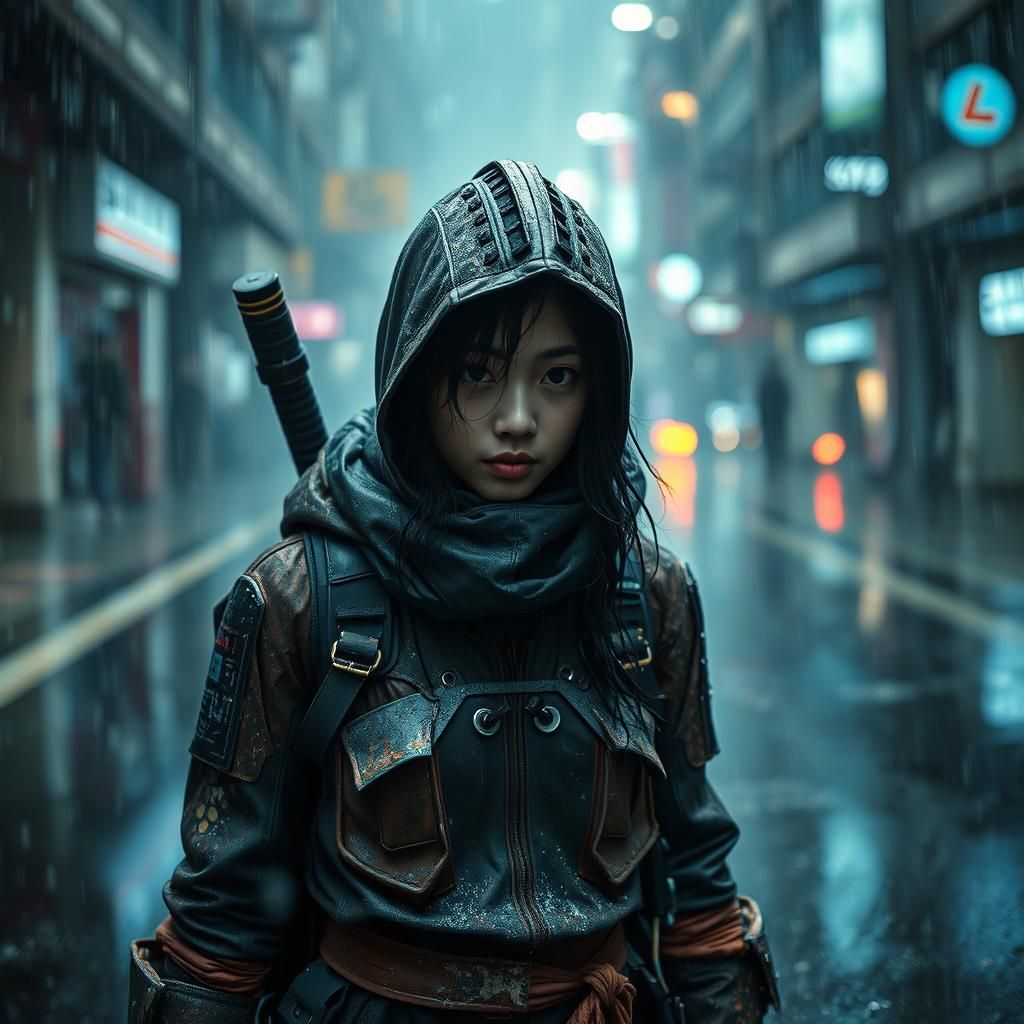 Cyberpunk Ninja Girl in Rain, Hyperrealistic Digital Art