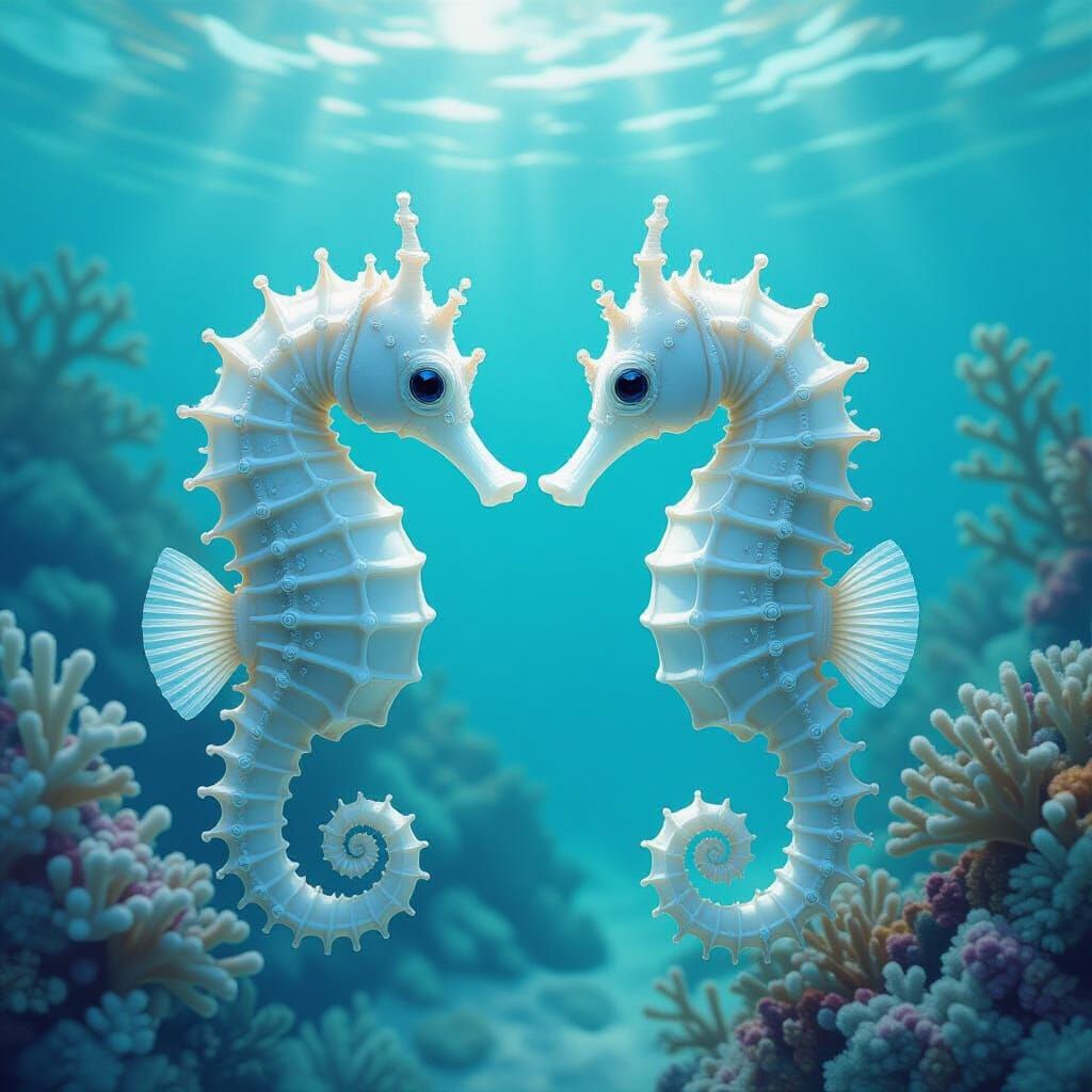 Translucent Seahorses in Turquoise Coral Reef, Hyperrealism
