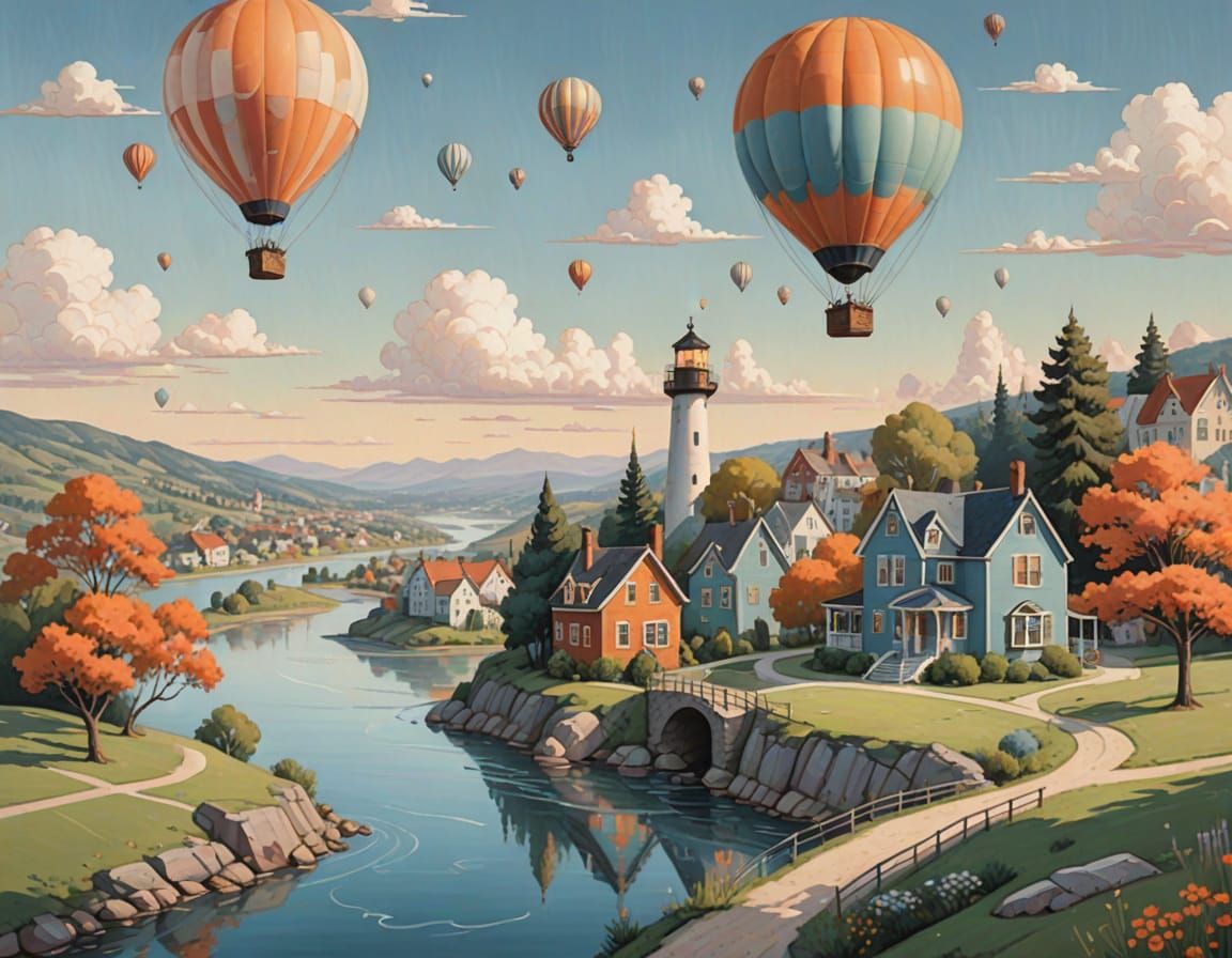 Surreal Dreamlike Landscape Painting with River and Lighthou...