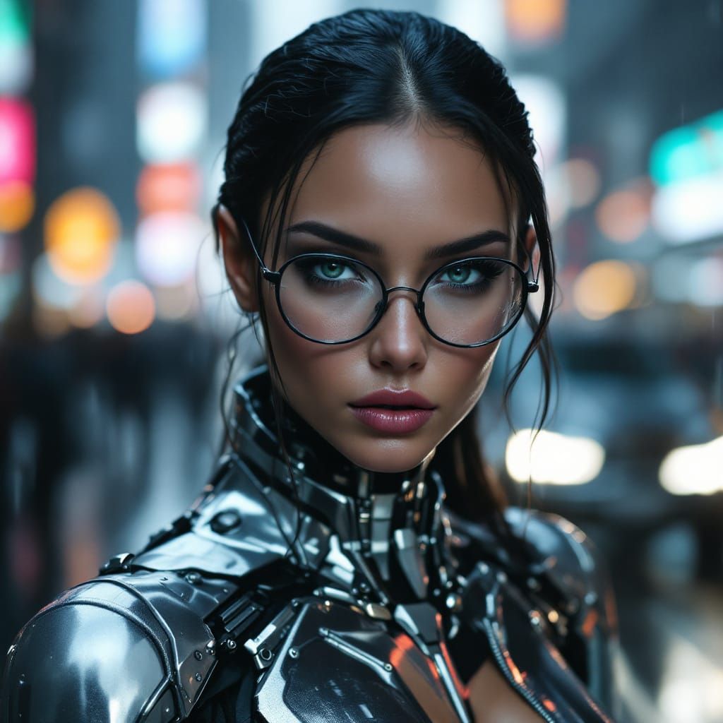 Cyborg Woman with Haunting Eyes on Rainy City Streets