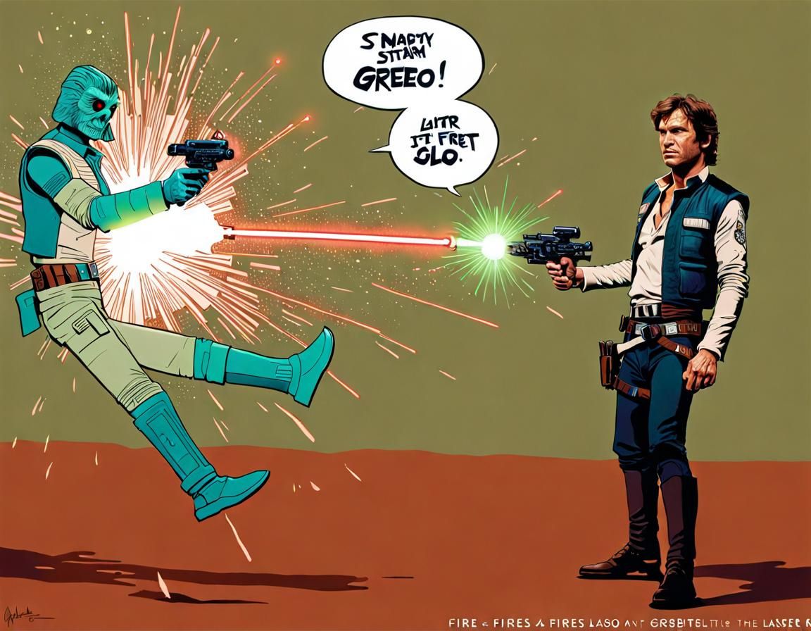 Han Solo Confronts Greedo: Hyperrealistic Splash Art