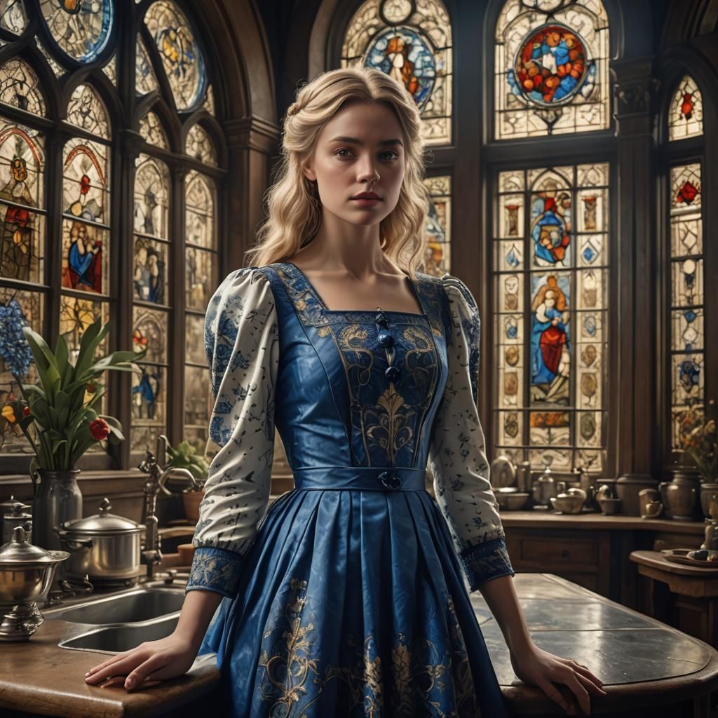 Victorian Beauty in Delft Blue Dress: Digital Painting