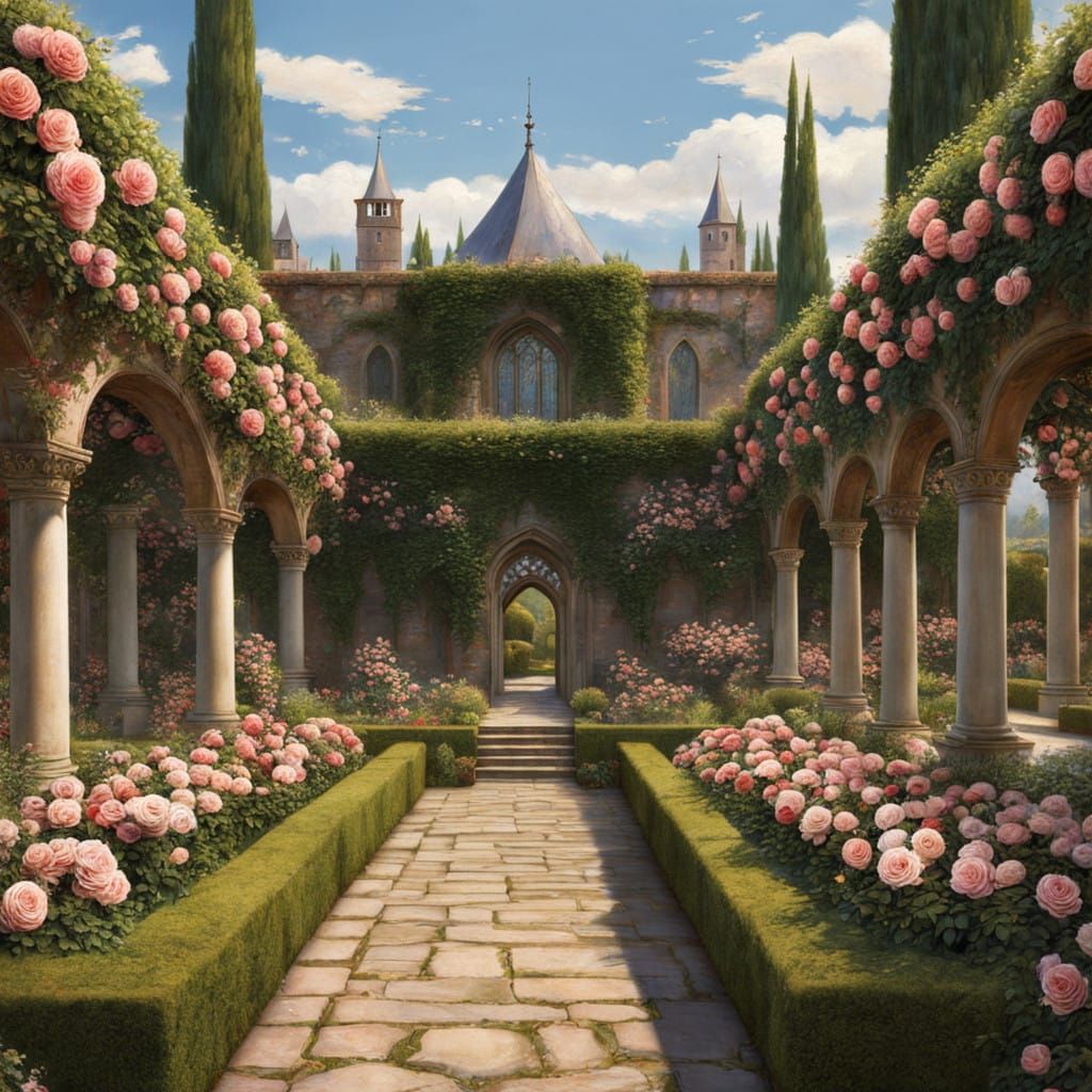 Majestic Rose Garden Scene in Anime Style