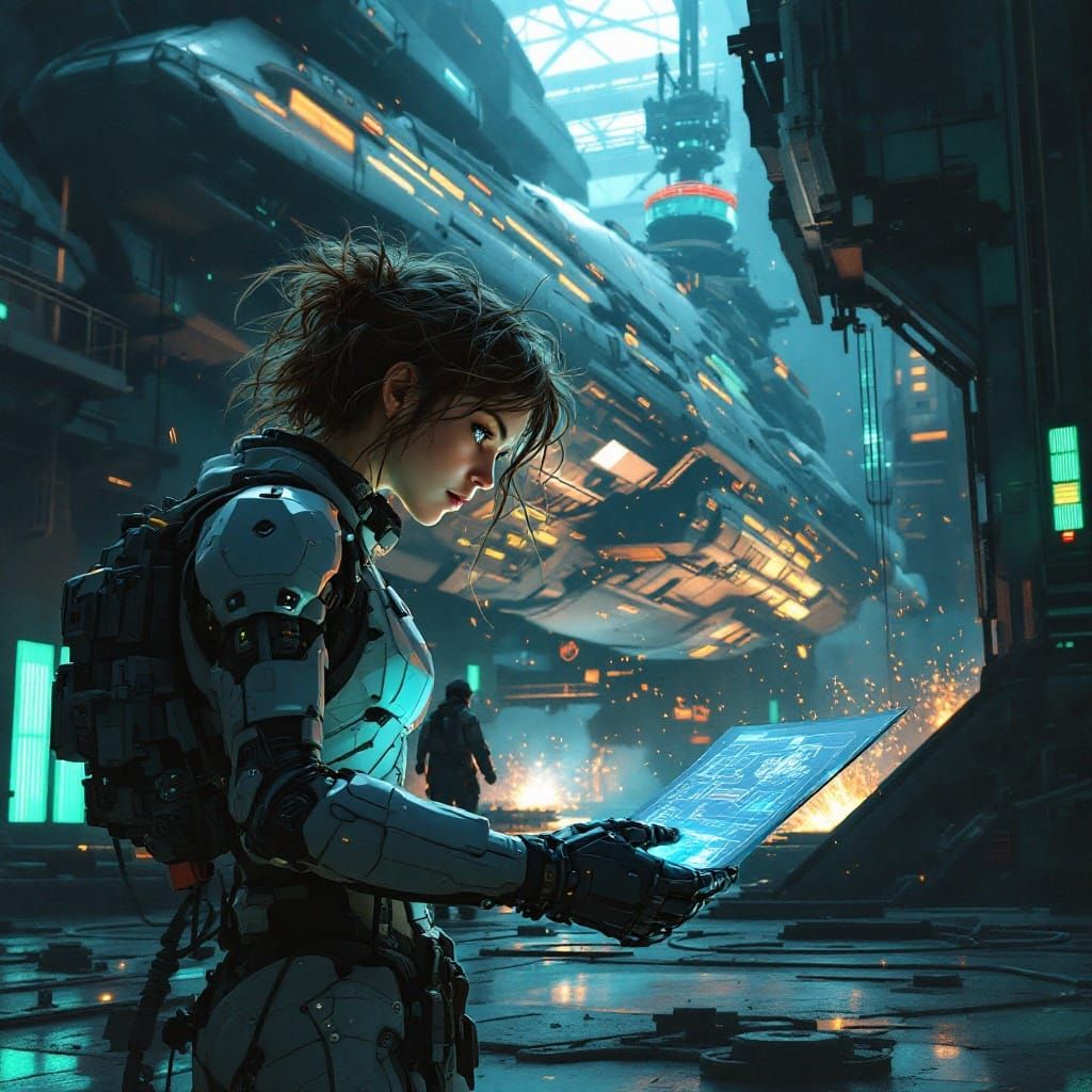Roboticist Surveys Spaceship in Gritty Sci-Fi Shipyard Scene