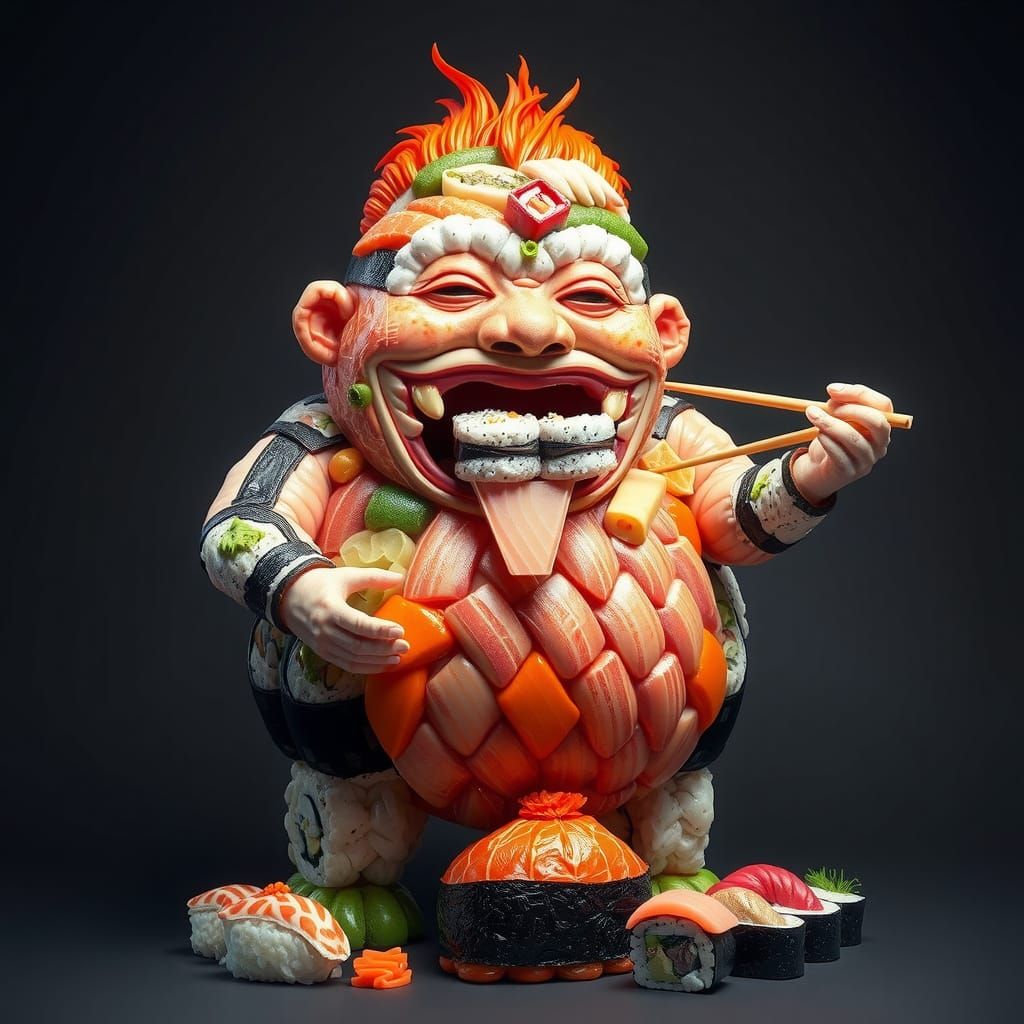Giant Sushi Figure Devouring Sushi, Hyper-Realistic Style