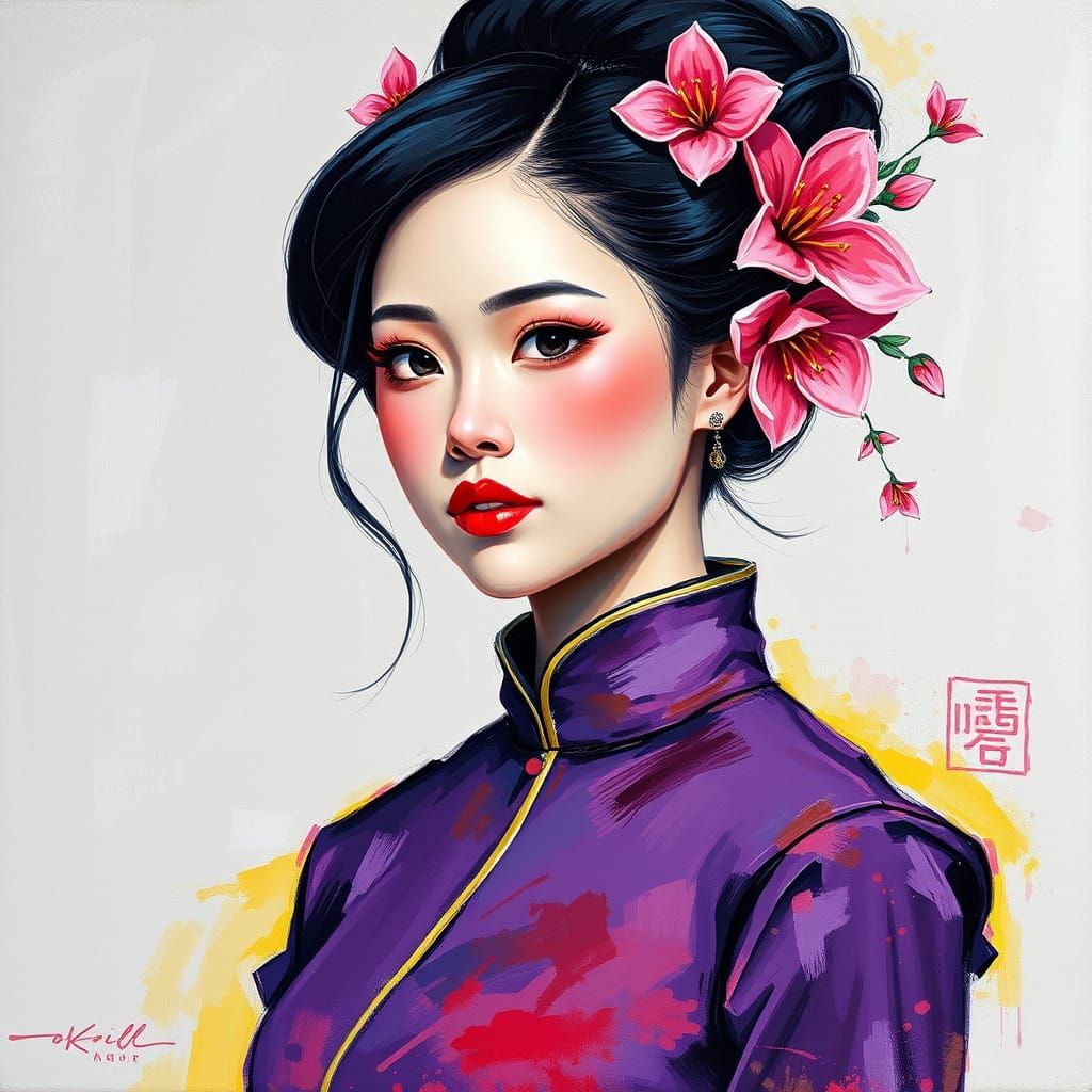 Elegant Asian Woman in Lavender Qipao
