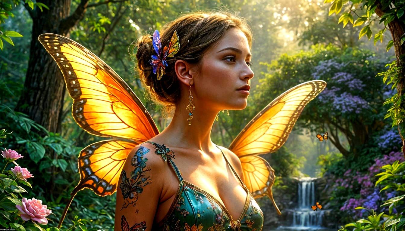Hyperrealistic Fairy with Butterfly Wings in Garden