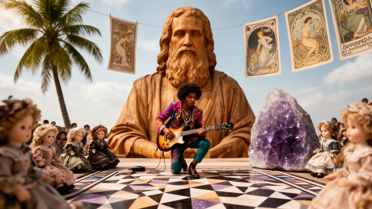 Jimi Hendrix Plays Chess Before Da Vinci Statue Amidst Surre...
