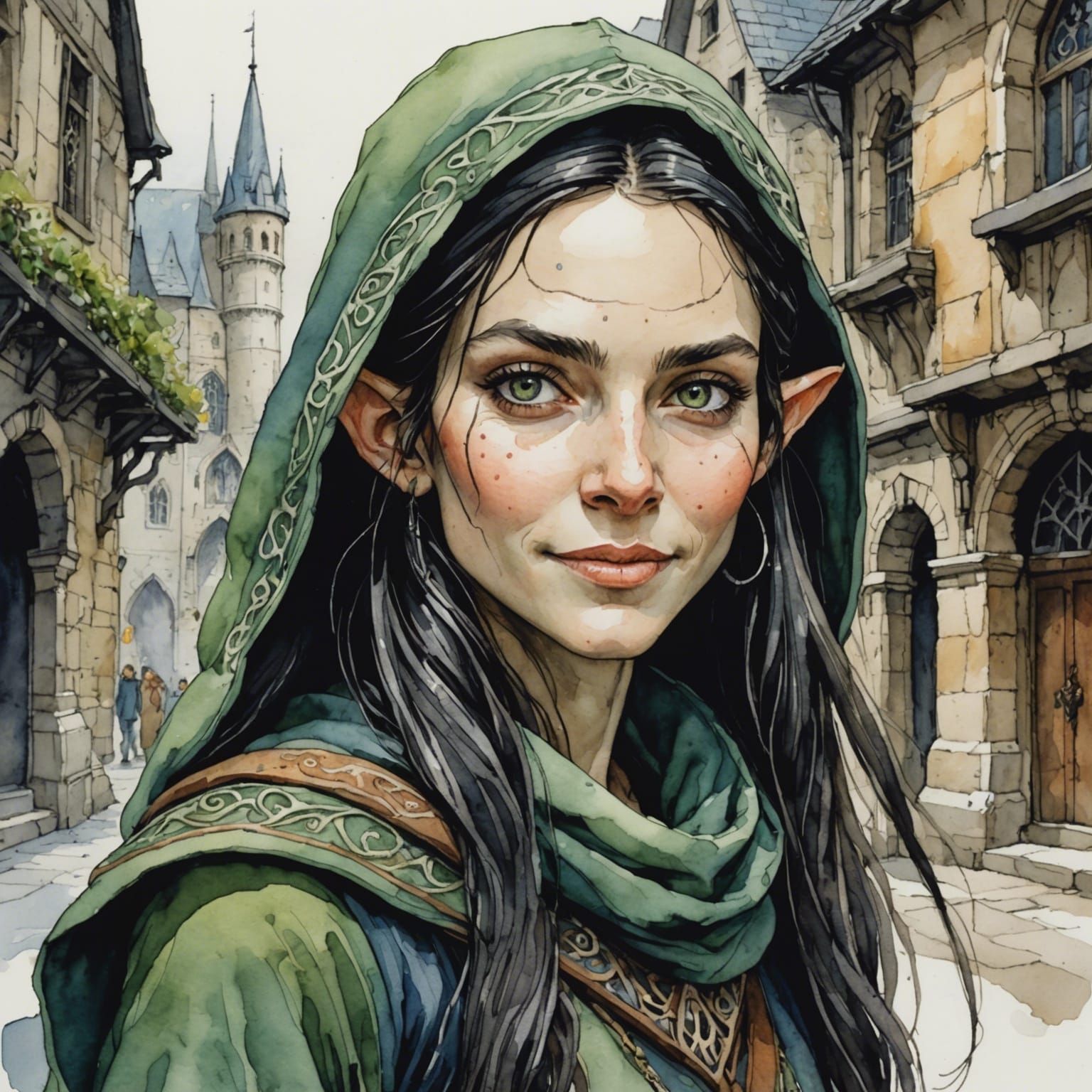 Elven Rogue Watercolor Portrait in Quentin Blake Style