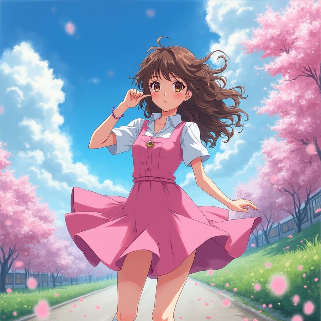 Anime-Inspired Schoolgirl in a Vibrant Pink Dress