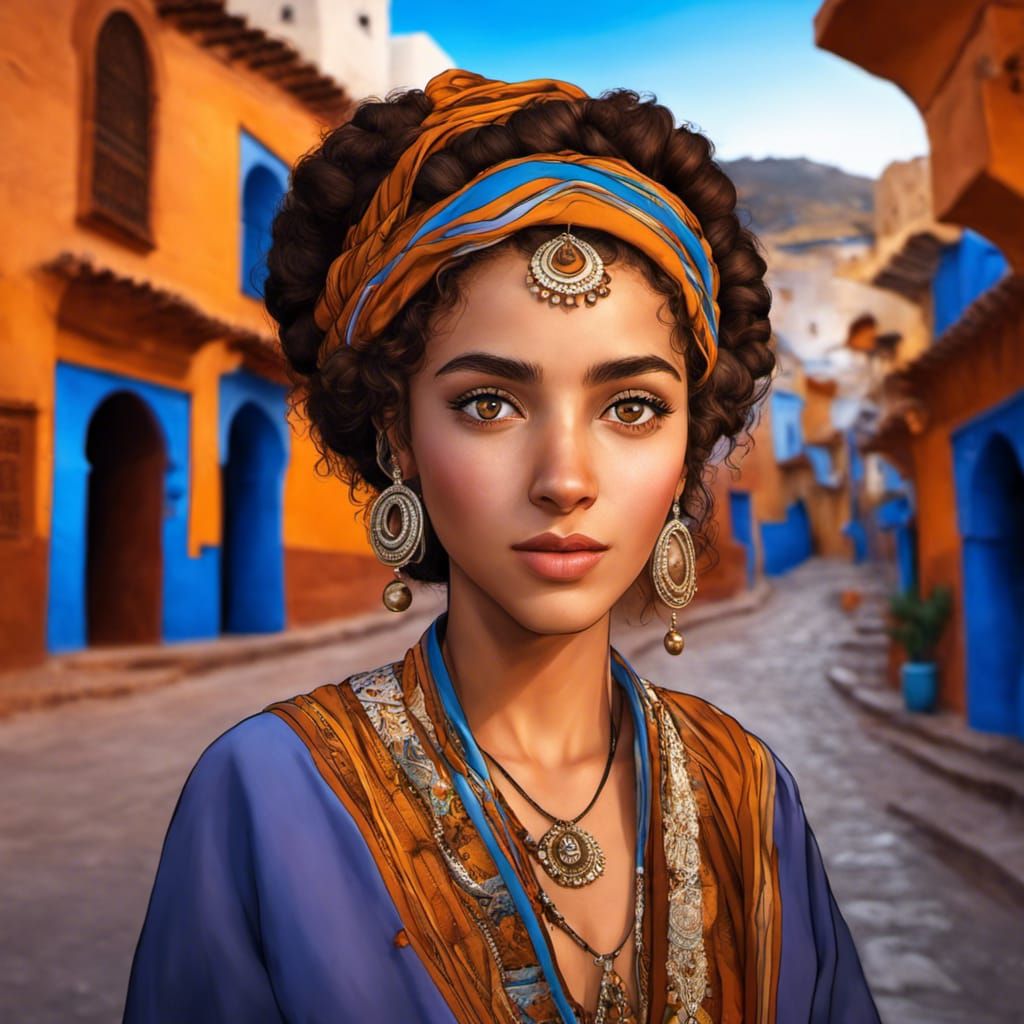 Anime Portrait: Beautiful Moroccan Woman in Chefchaouen