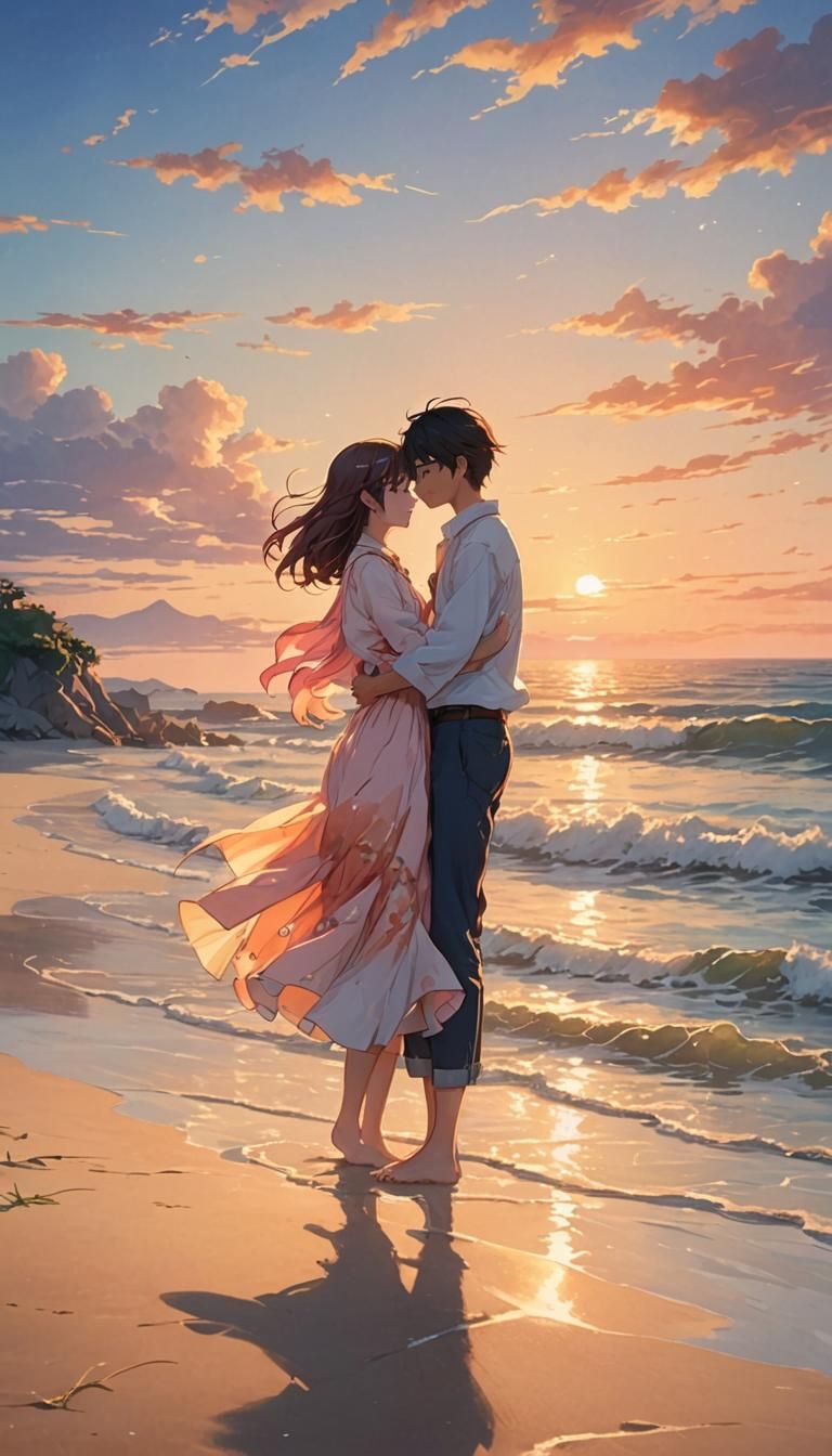 Romantic Anime Couple on Beach at Sunset
