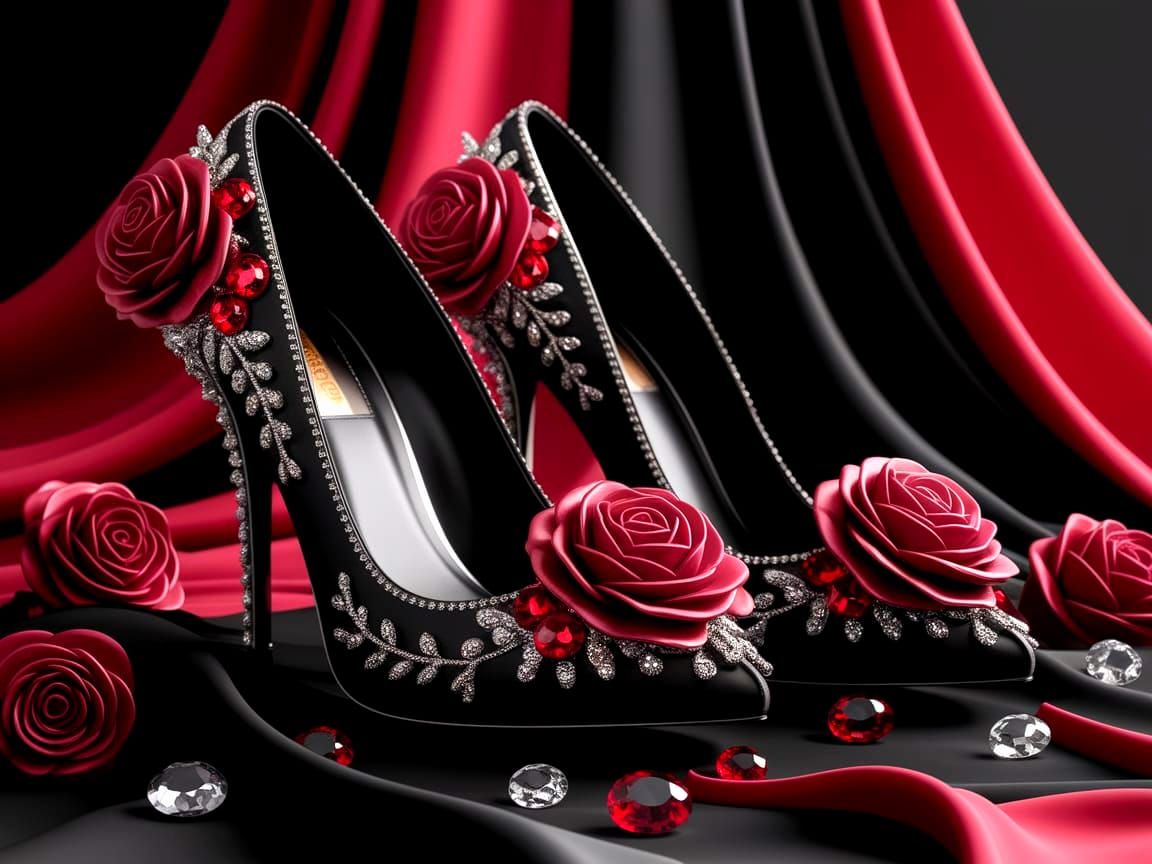 Black High Heels with Red Roses and Gemstones
