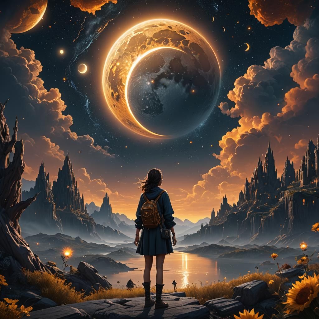 Fantasy Art: Girl Watching Moon and Sun