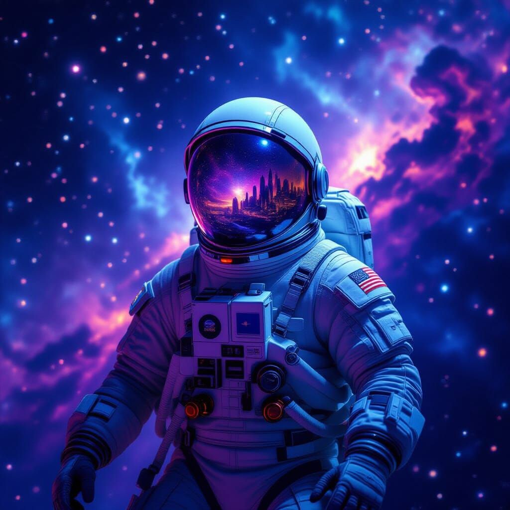 Astronaut Adrift in Nebula Reflecting Alien City
