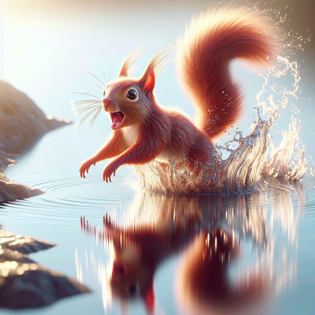 Surrealistic Red Squirrel Leaps into Pond in Hyperrealistic...