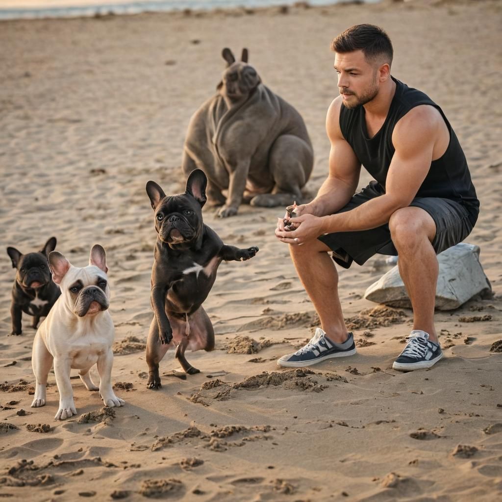 Man and French Bulldogs at Sunset: Photorealistic Beach Scen...