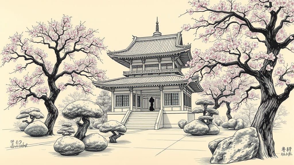 Japanese Temple Sketch in Minimalist Style