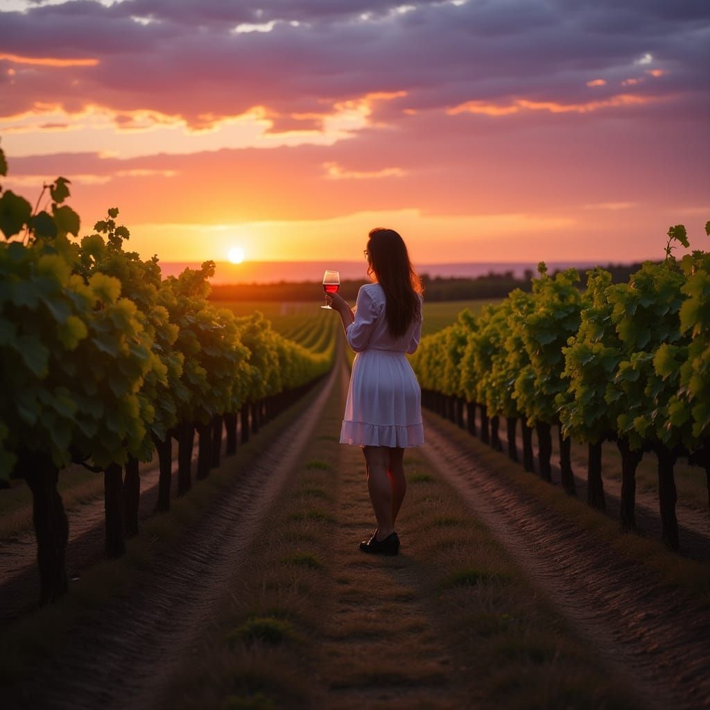 Romantic Art Deco Woman in Vineyard Sunset