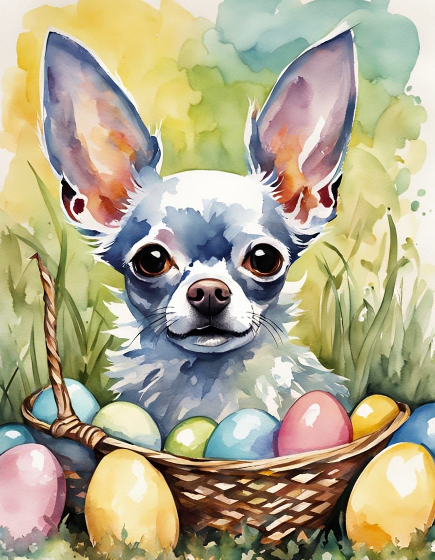 Watercolor Whimsy: Chihuahua in Easter Bunny Costume