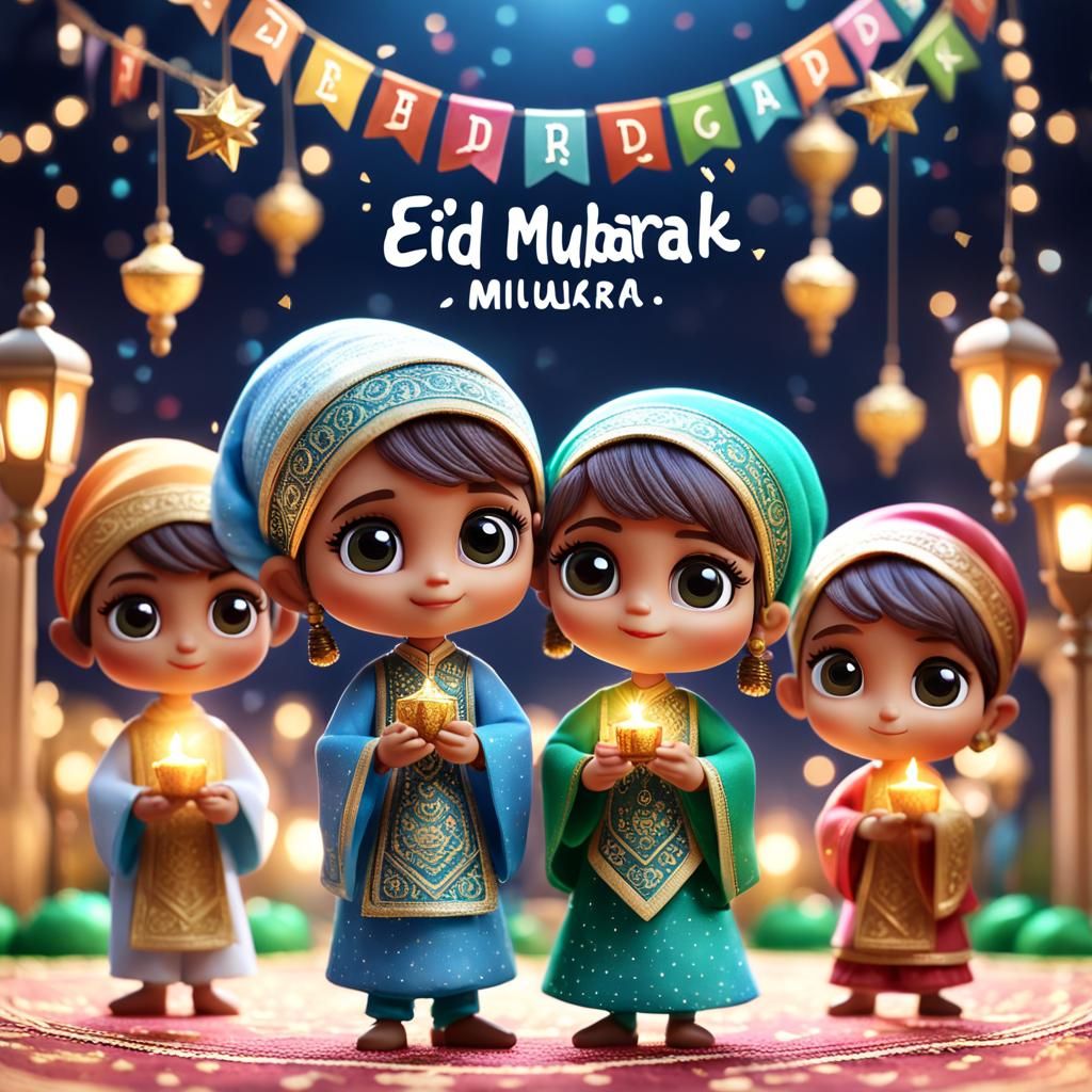 Chibi claymation children in detailed Eid Mubarak attire