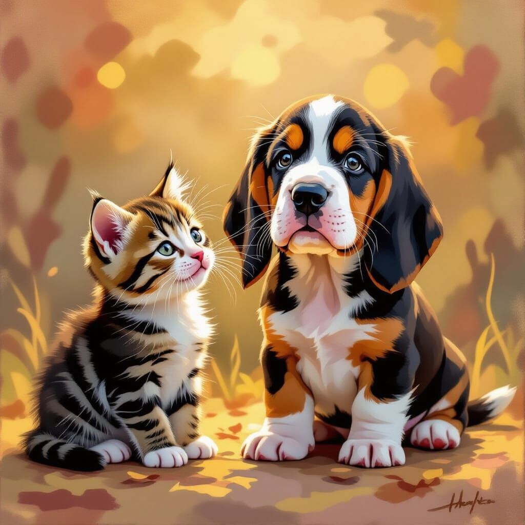Kittens Befriend Bassett Hound in Vibrant Gouache Style