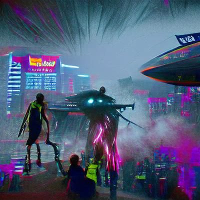 Cyberpunk Alien War in Neon Cityscape