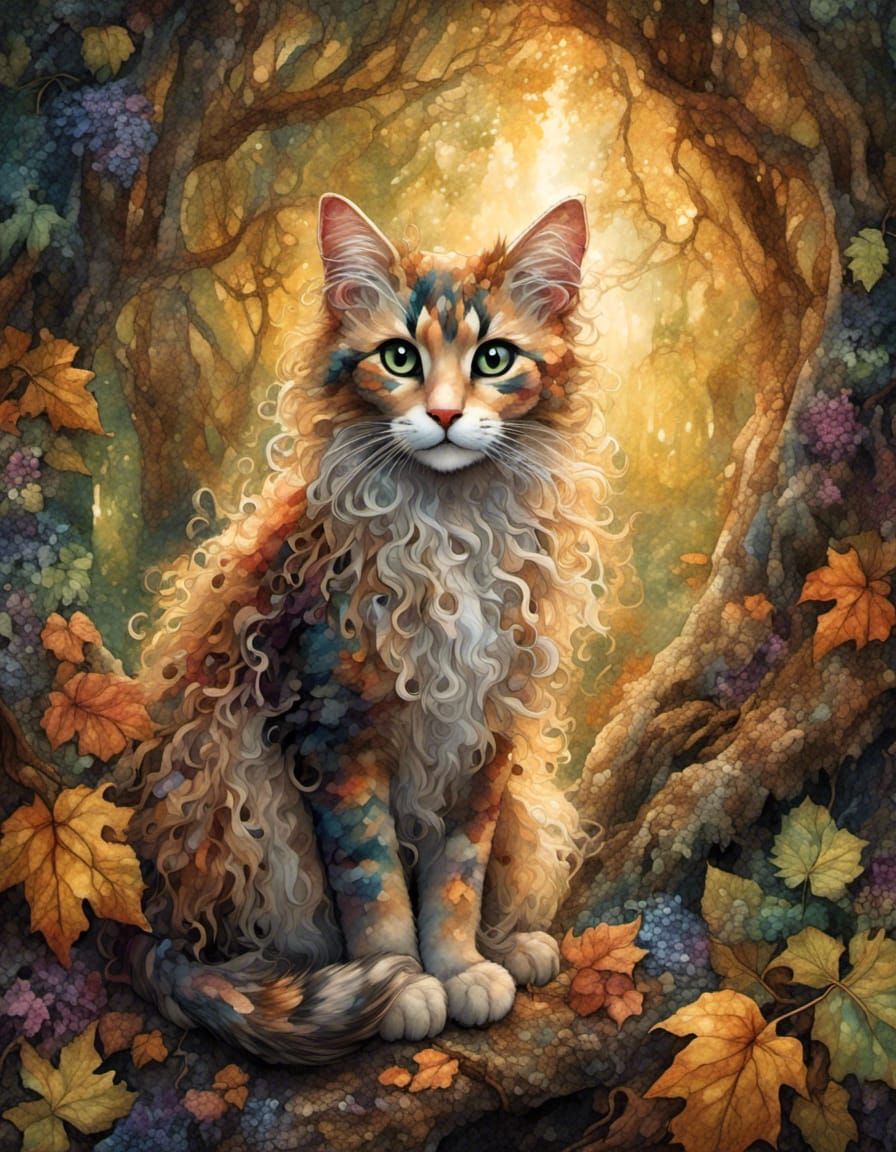 Enchanted Cat Mage in Forest, Impressionistic Style