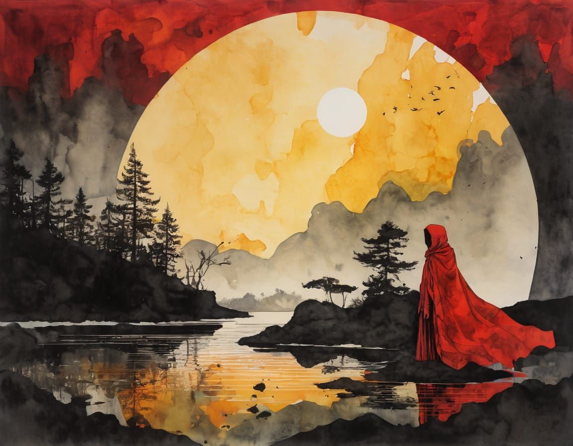 Melancholic Figure by Moonlit Lake with Geometric Sky