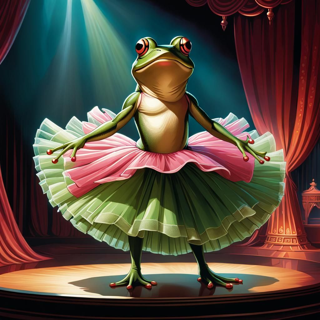 Frog Ballerina on Stage in Comic Book Style