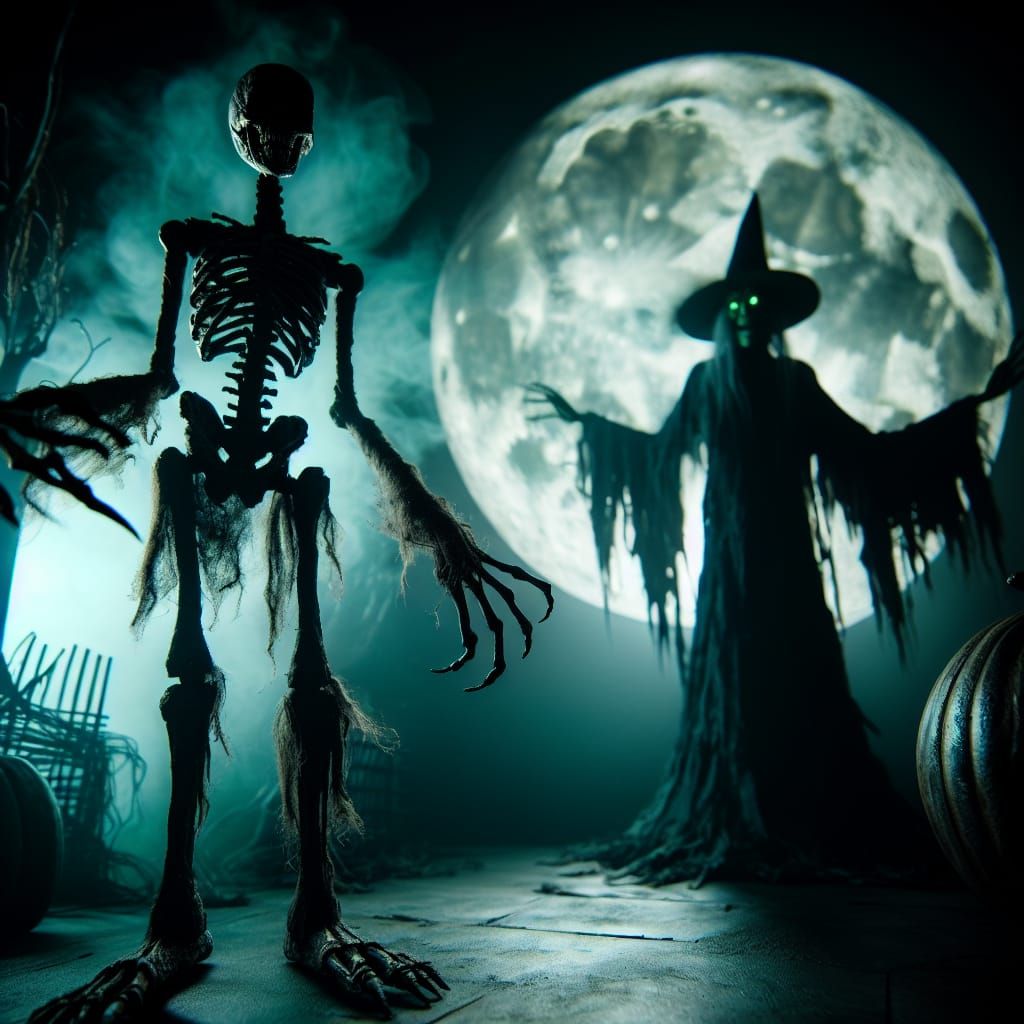 Eerie Halloween Scene with Skeletal Scarecrow