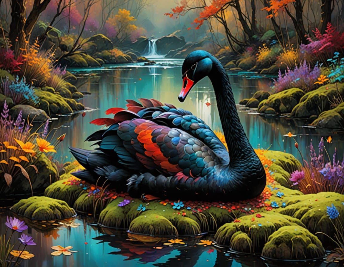 Grunge Black Swan Amidst Wildflowers