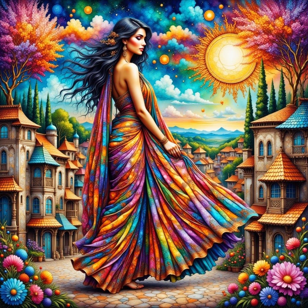 Vibrant Indian Palace and Town Square in a Whimsical Mosaic ...