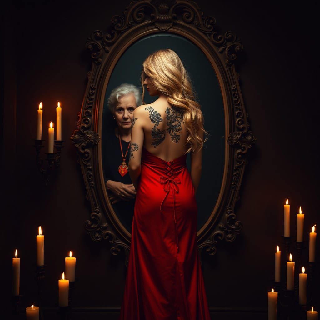 Mysterious Woman in Velvet Gown with Shimmering Tattoo