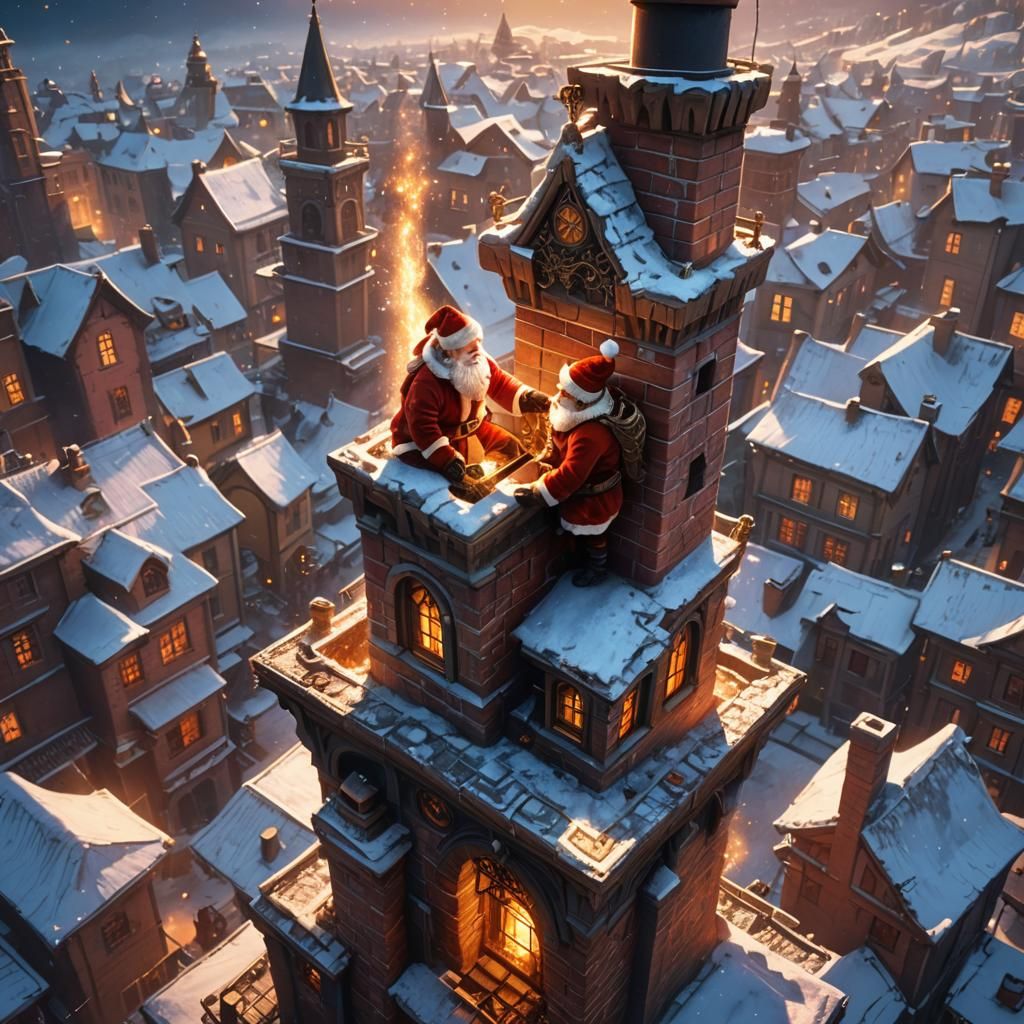 Mini Santa Climbing a Chimney, Fantasy Art