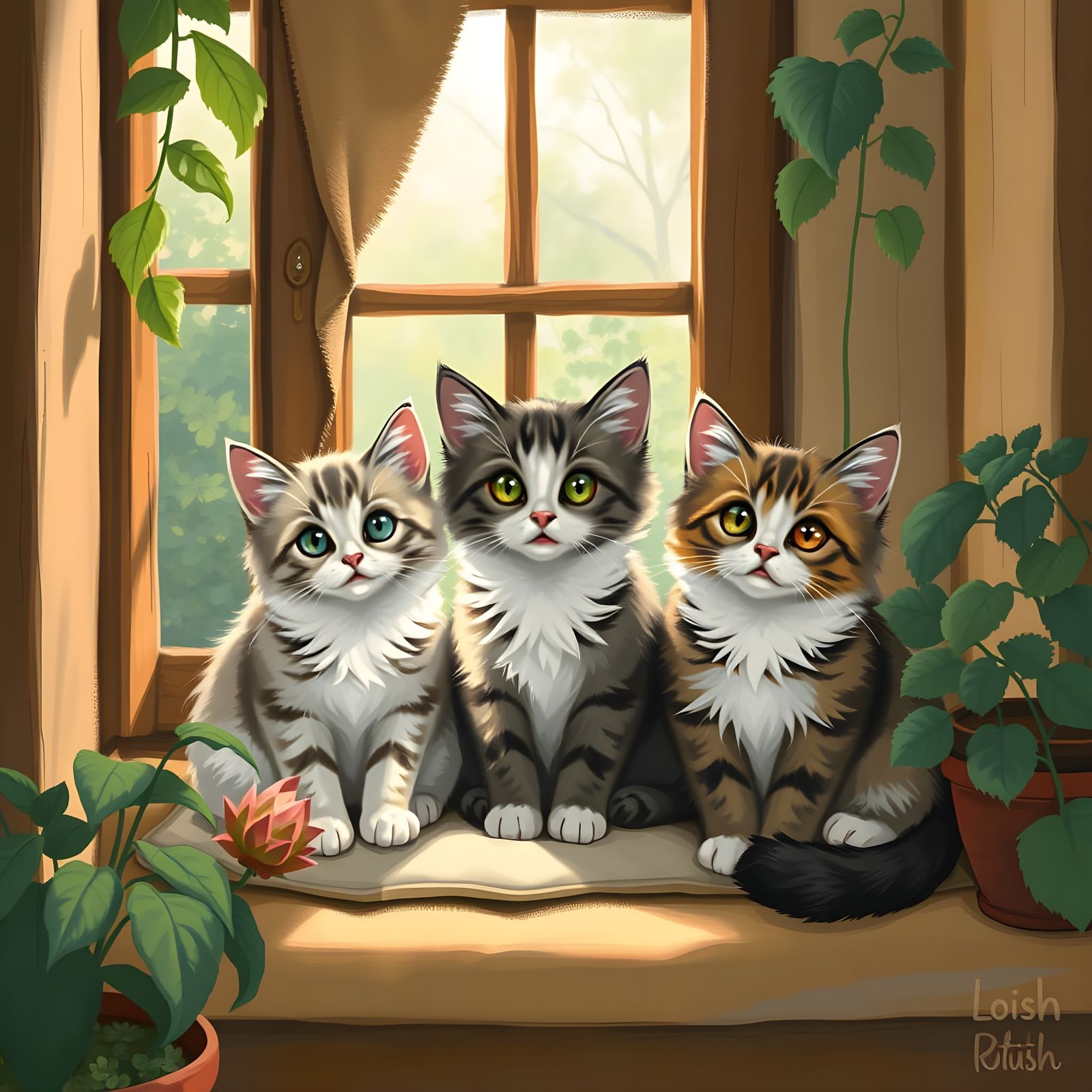 Three Whimsical Felines in Playful Harmony