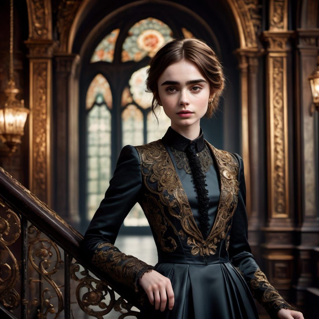 Elegant Art Nouveau Portrait in Dark Luxurious Dress