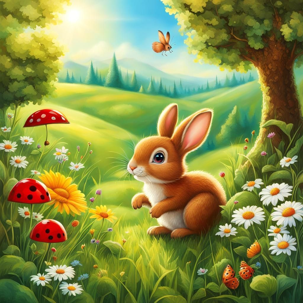 Magical Meadow Scene with Bunny, Squirrel and Ladybug