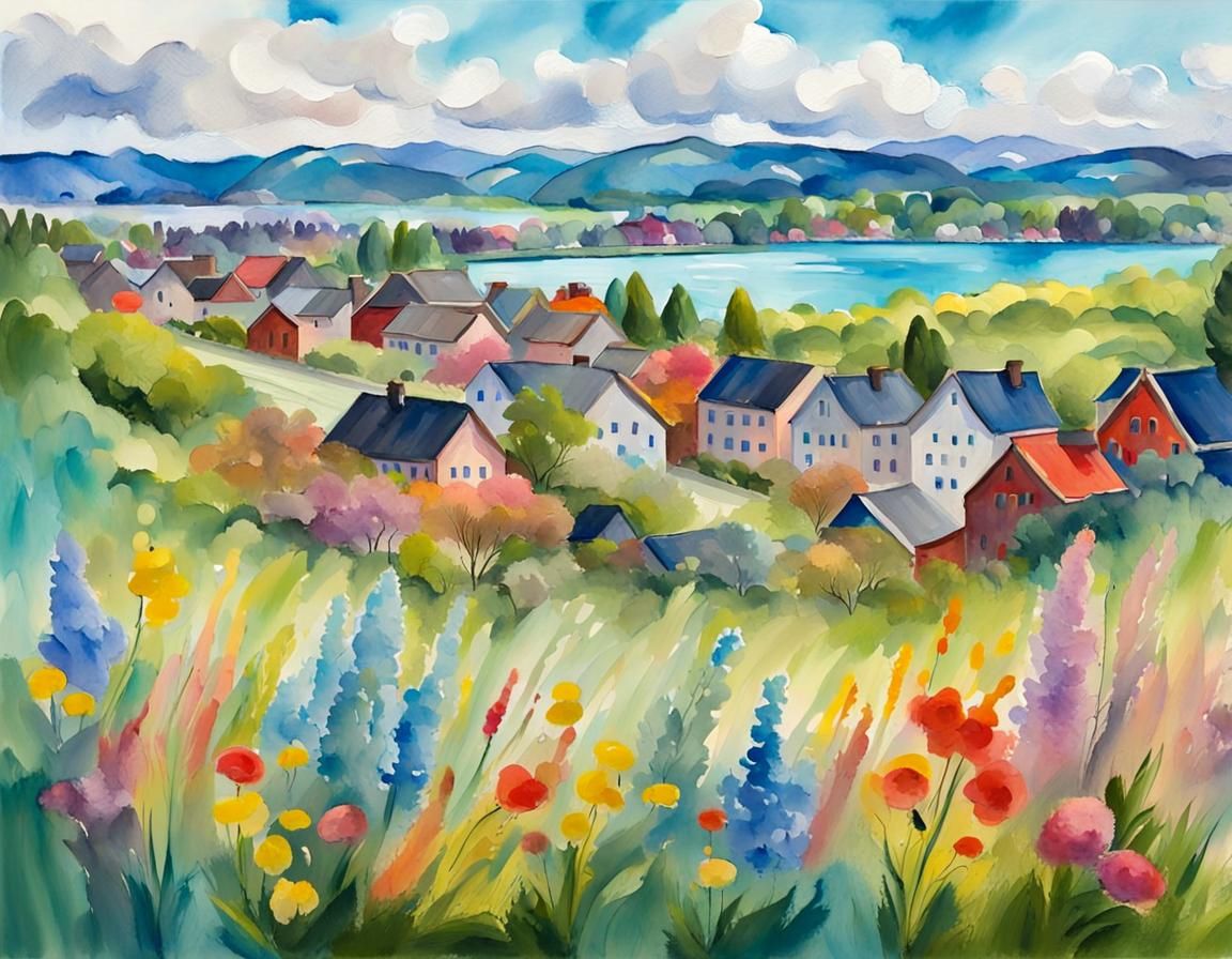 Vibrant Spring Cityscape in Gouache Watercolor Style