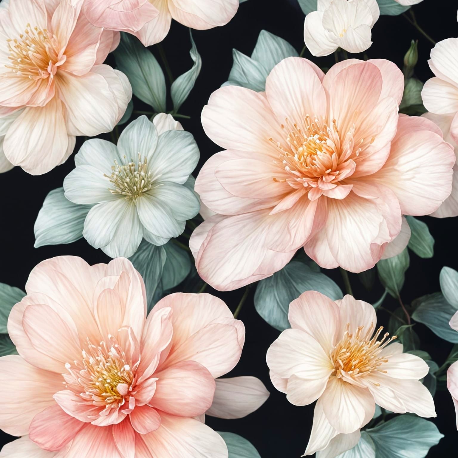Exotic Flowers in Iridescent Pearls on Black Background